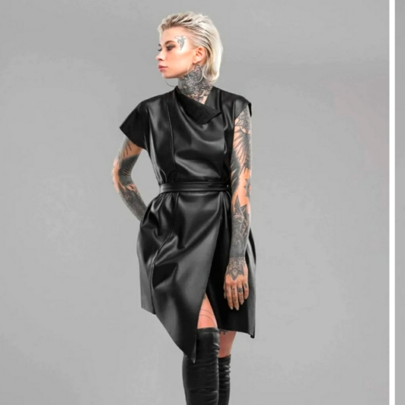 mdnt:45 Dresses & Skirts - 💖 NWT Vegan Leather Asymmetrical Wrap Dress, Black, Size XL & Belt